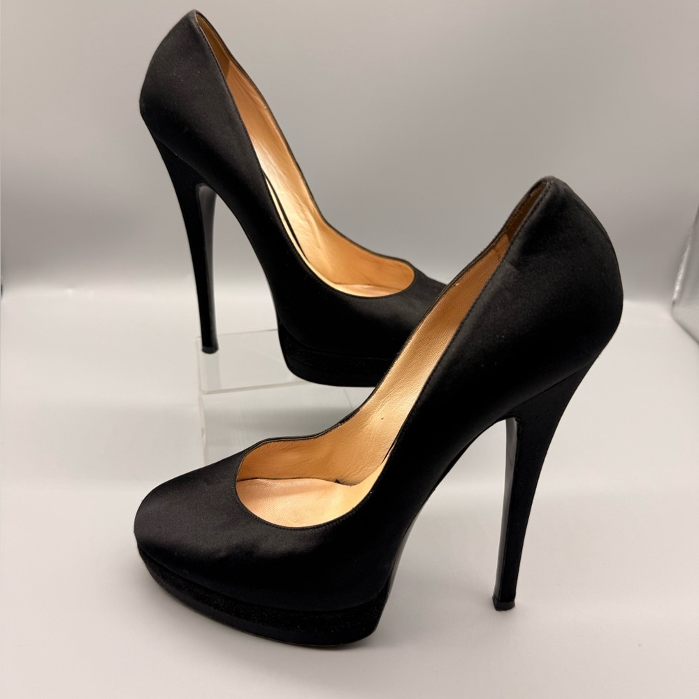 Casadei black satin platform pumps.